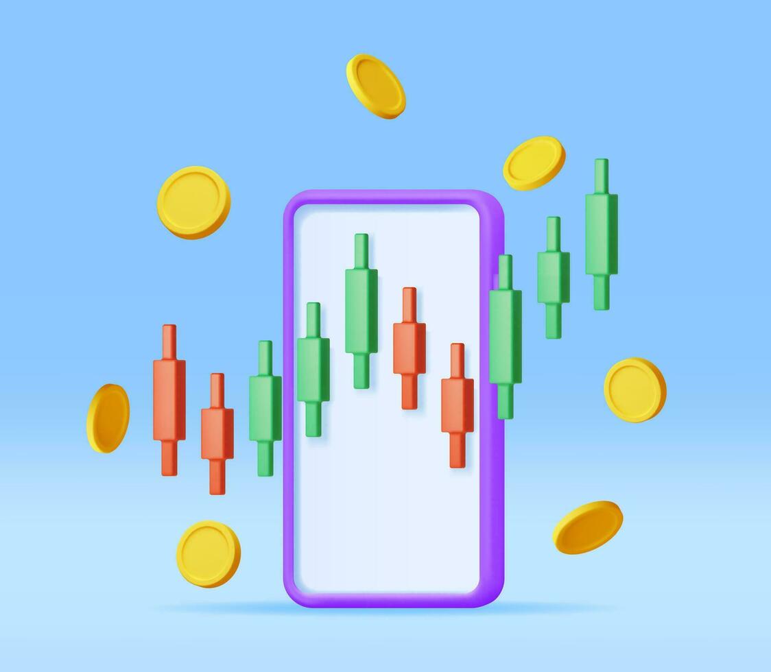3D Growth Stock Diagram on Mobile Phone. Render Stock Candle on Smartphone Shows Growth or Success. Financial Item, Business Investment, Financial Market Trade. Money and Banking. Vector Illustration