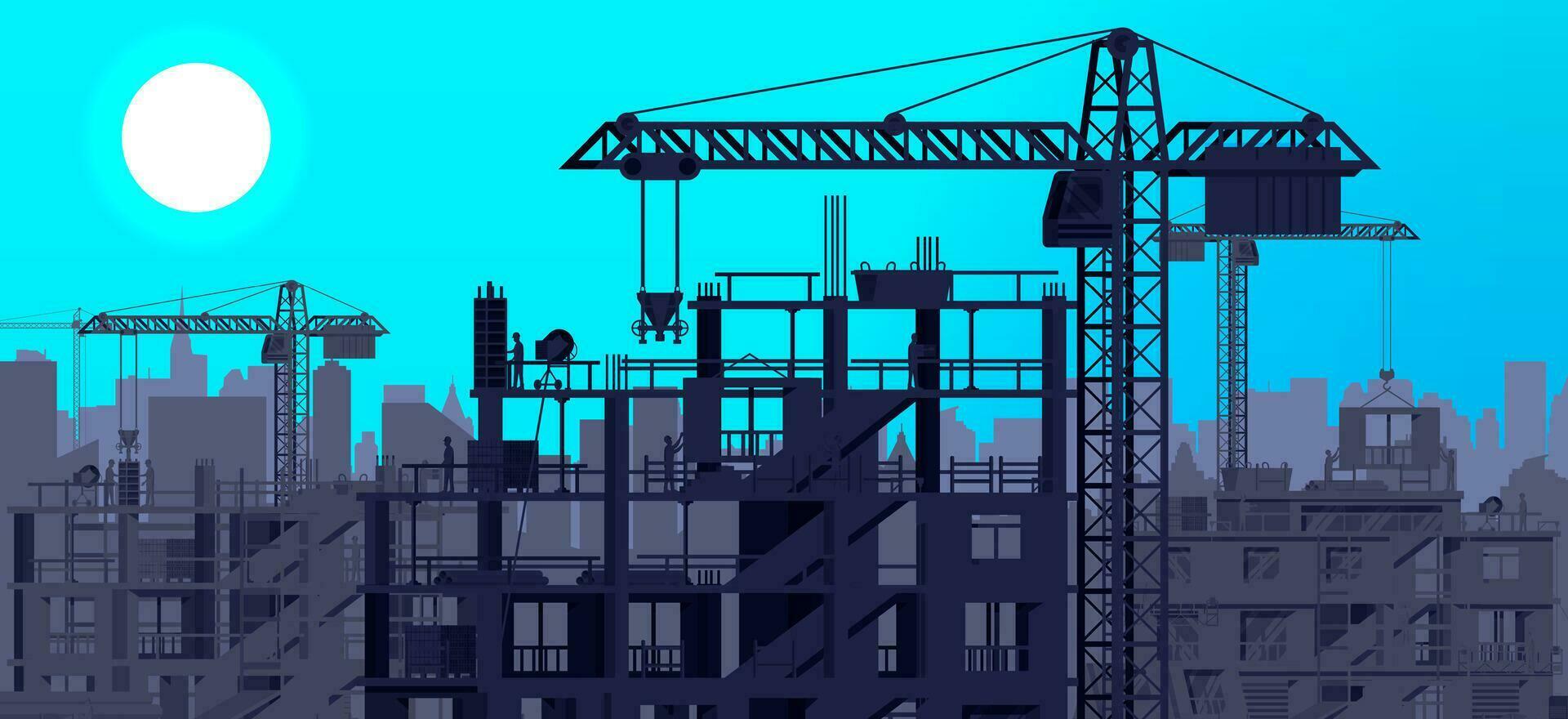 Construction Site Banner Silhouette Landscape. Rooftop, Workers, Concrete Piles, Tower Crane. Under Construction Design Background. Building Materials and Equipment. Cartoon Flat Vector Illustration