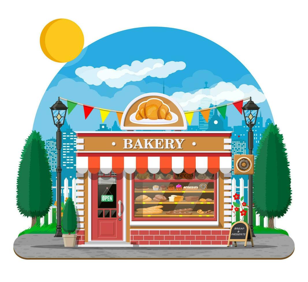 Bakery shop building facade with signboard. Baking store, cafe, bread, pastry and dessert shop. Showcases with bread, cake. City park, street lamp, trees. Market, supermarket. Flat vector illustration