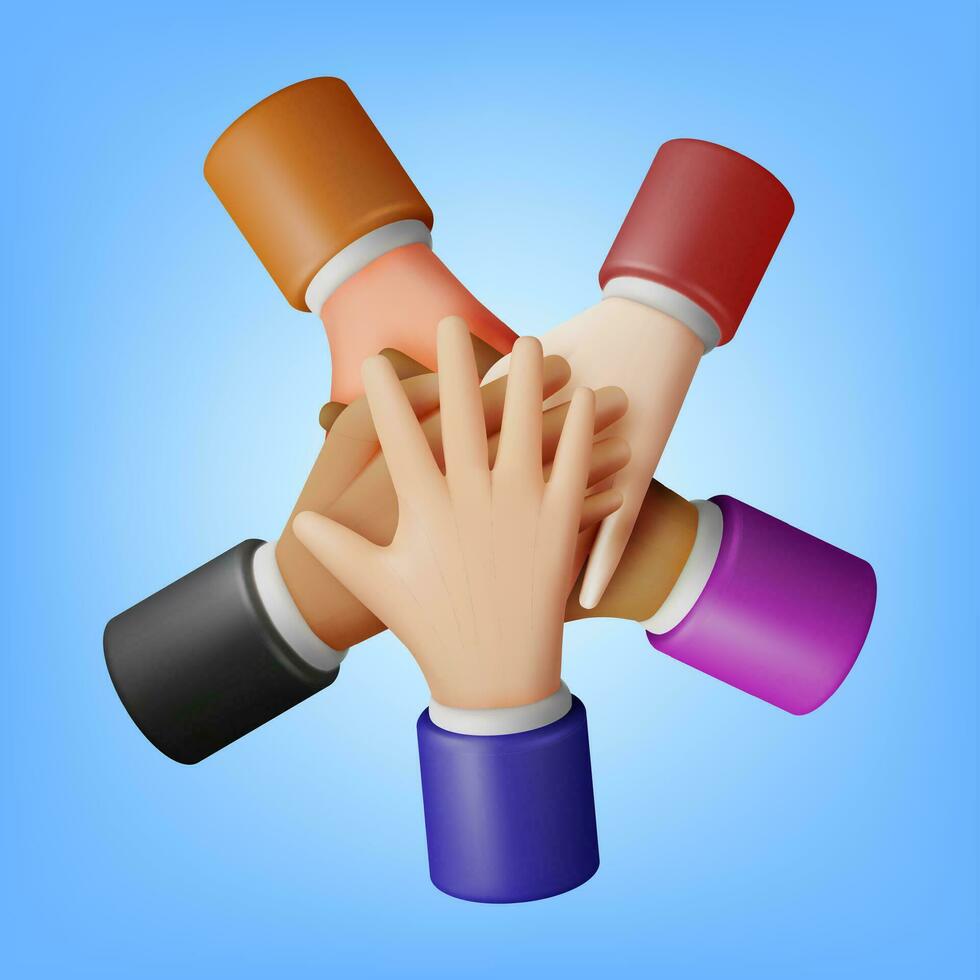3d personas demostración unidad con su manos juntos. hacer cruzado manos. multiétnico grupo y humano diversidad. negocio, equipo trabajar, cooperación y camaradería. vector ilustración