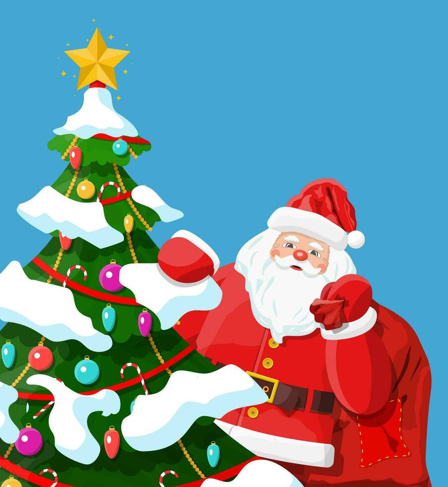 Funny santa claus character greeting. Santa with gift bag and fir tree. Happy new year decoration. Merry christmas holiday. New year and xmas celebration. Vector illustration in flat style