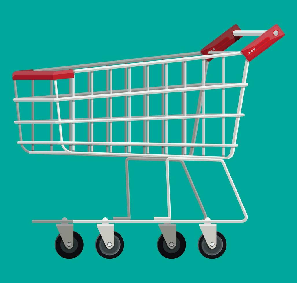 Empty supermarket shopping cart isolated on white background. Metal shop trolley on wheels. Vector illustration in flat style