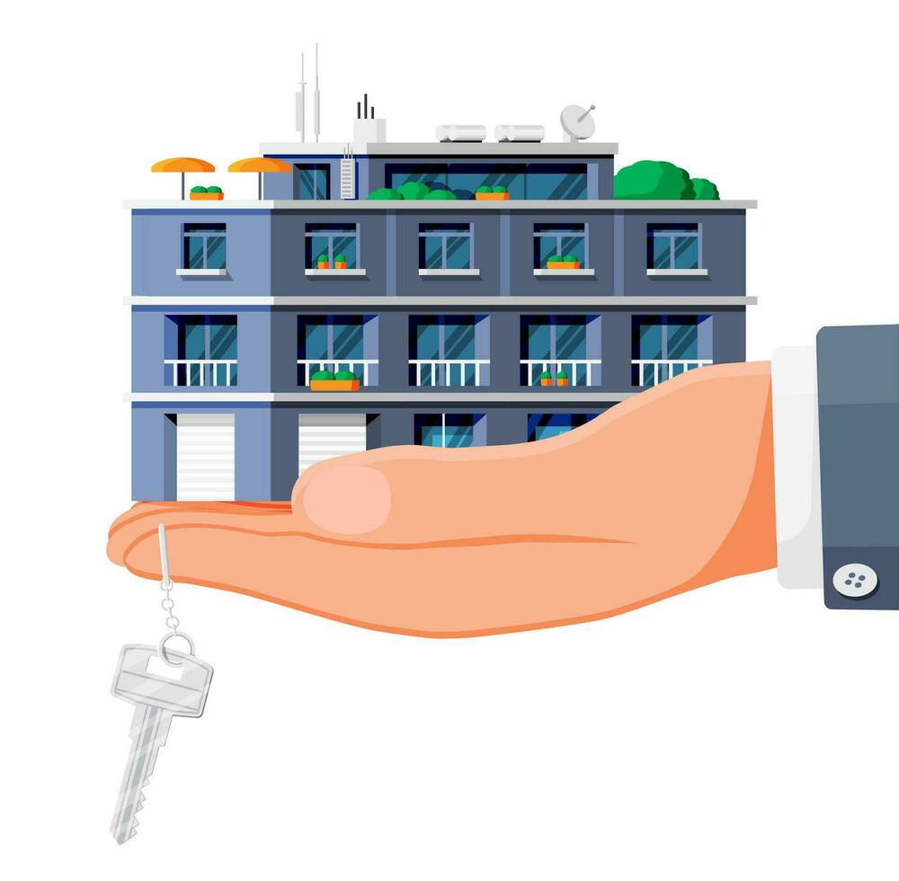 Modern Apartment Building in Hand Isolated. Exterior or Facade of Small City Apartment. Urban Residential Building and Key. Multistory Living Houses with Balconies. Flat Vector Illustration