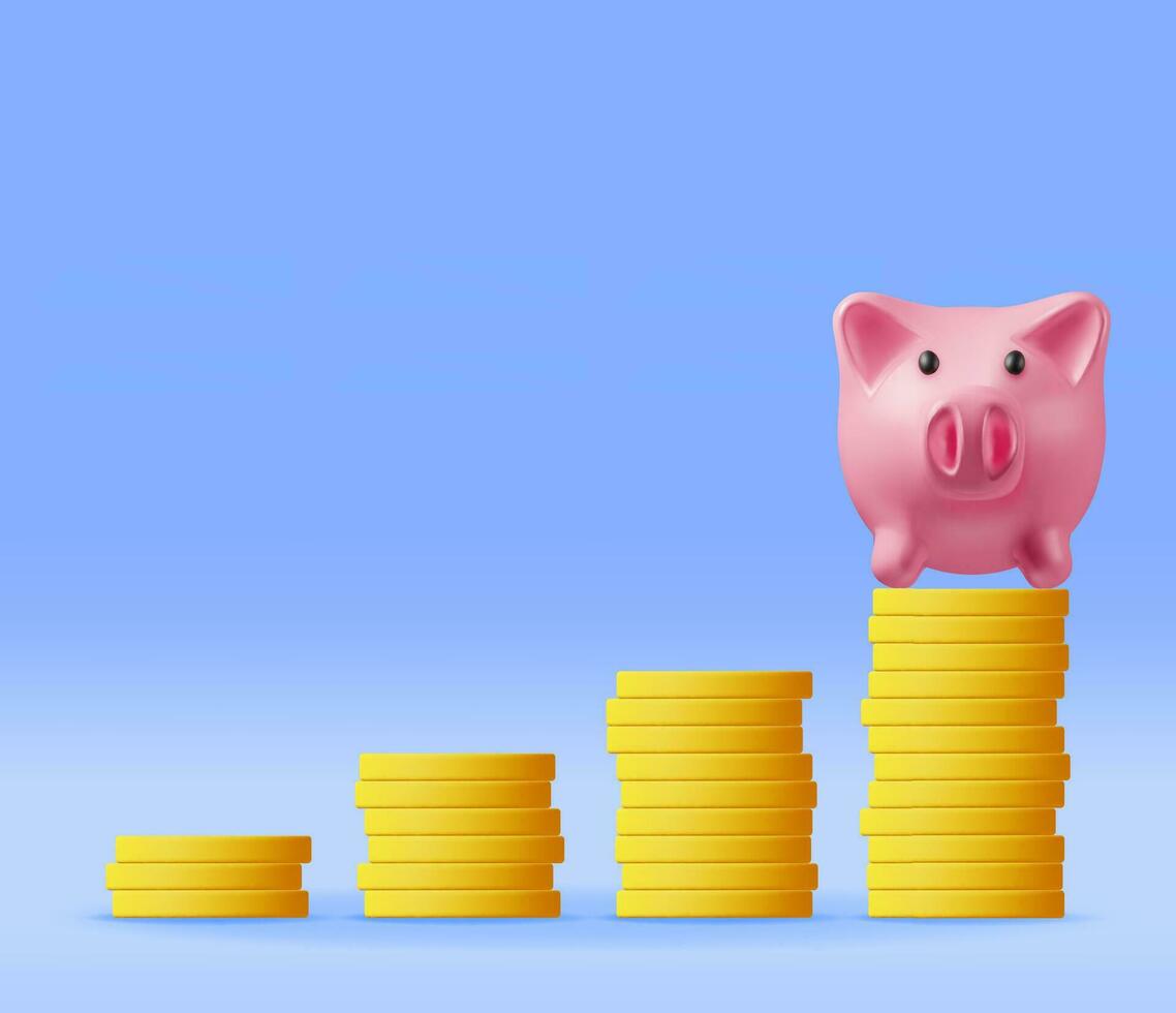 3D Piggy Bank and Growing Stacks of Coins. Render Plastic Piggy Bank for Money. Moneybox in Form of Pig. Concept of Cash Money, Business Deposit Investment, Financial Savings. Vector Illustration