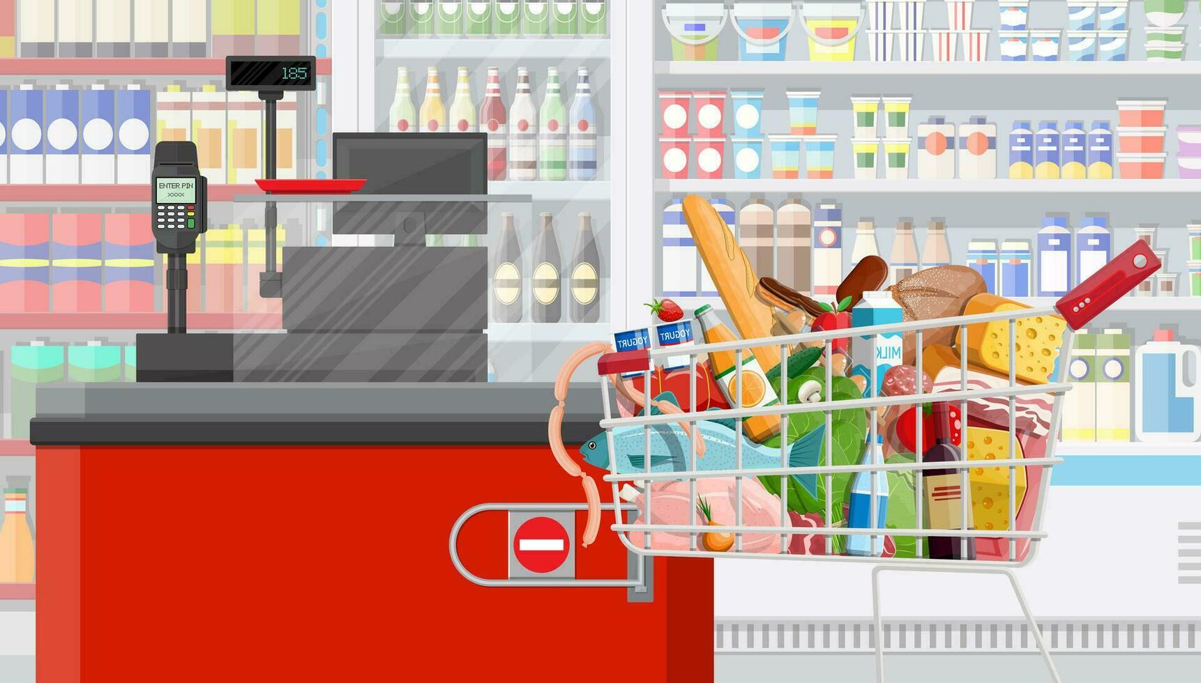 Supermarket store interior with goods. Big shopping mall. Interior store inside. Checkout counter, grocery, drinks, food, fruits, dairy products. Vector illustration in flat style