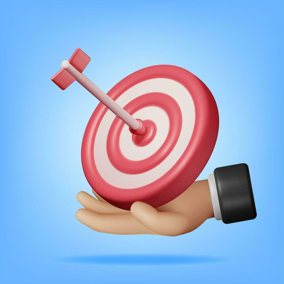 3D Target with Arrow in Center Icon in Hand Isolated. Render Dartboard with Arrow. Goal Setting. Smart Goal. Business or Finance Target Concept. Achievement and Success. Vector Illustration