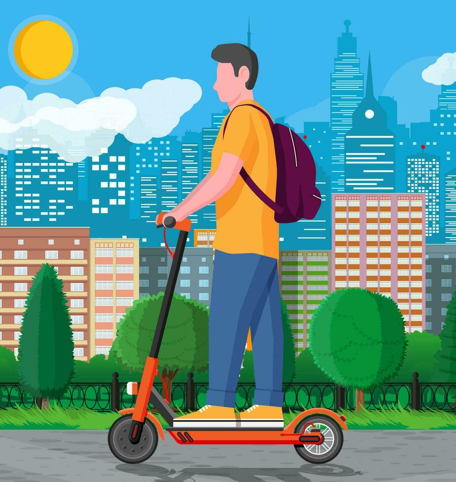 Young man on kick scooter. Guy with backpack rolling on electric scooter. Hipster character uses modern urban transport. Ecological, convenient city transportation. Cartoon flat vector illustration