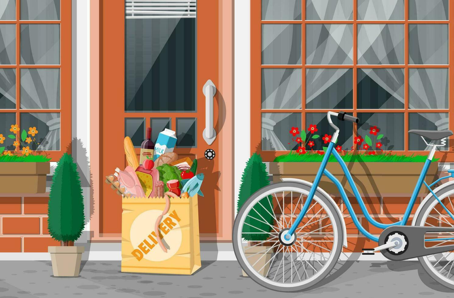 Paper bag of groceries left at door of living house. Food delivery from shop, cafe, restaurant. Grocery products express delivery. Bread, meat, milk, fruit vegetable, drinks. Flat vector illustration