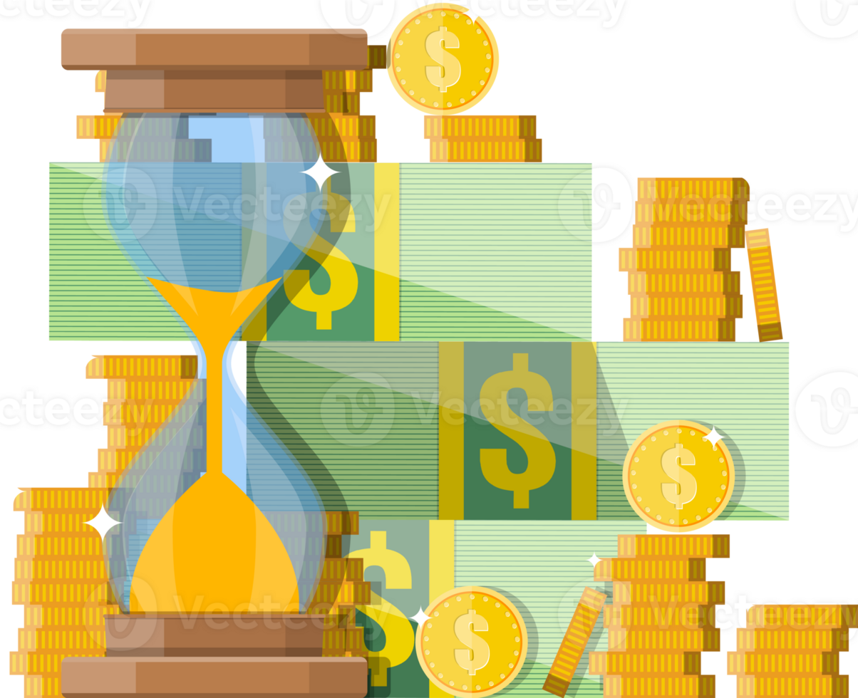 Hourglass clocks with dollar coins stacks png