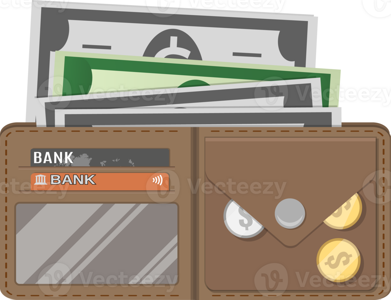 Opened brown leather wallet. png