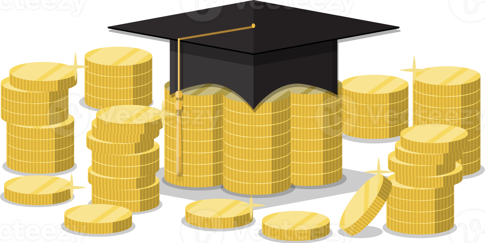 Graduation hat on stack of golden coins. png