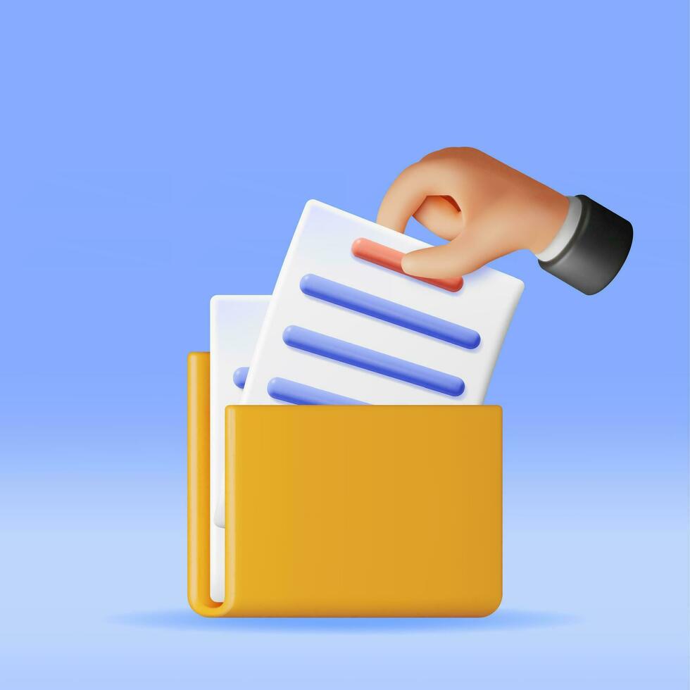 3D Business Hand with Folder Full of Papers Isolated. Render Yellow Folder for Correspondence, File for Paper Documents. Open Folder Icon, Manila Archive Case or Ring Binder. Vector Illustration