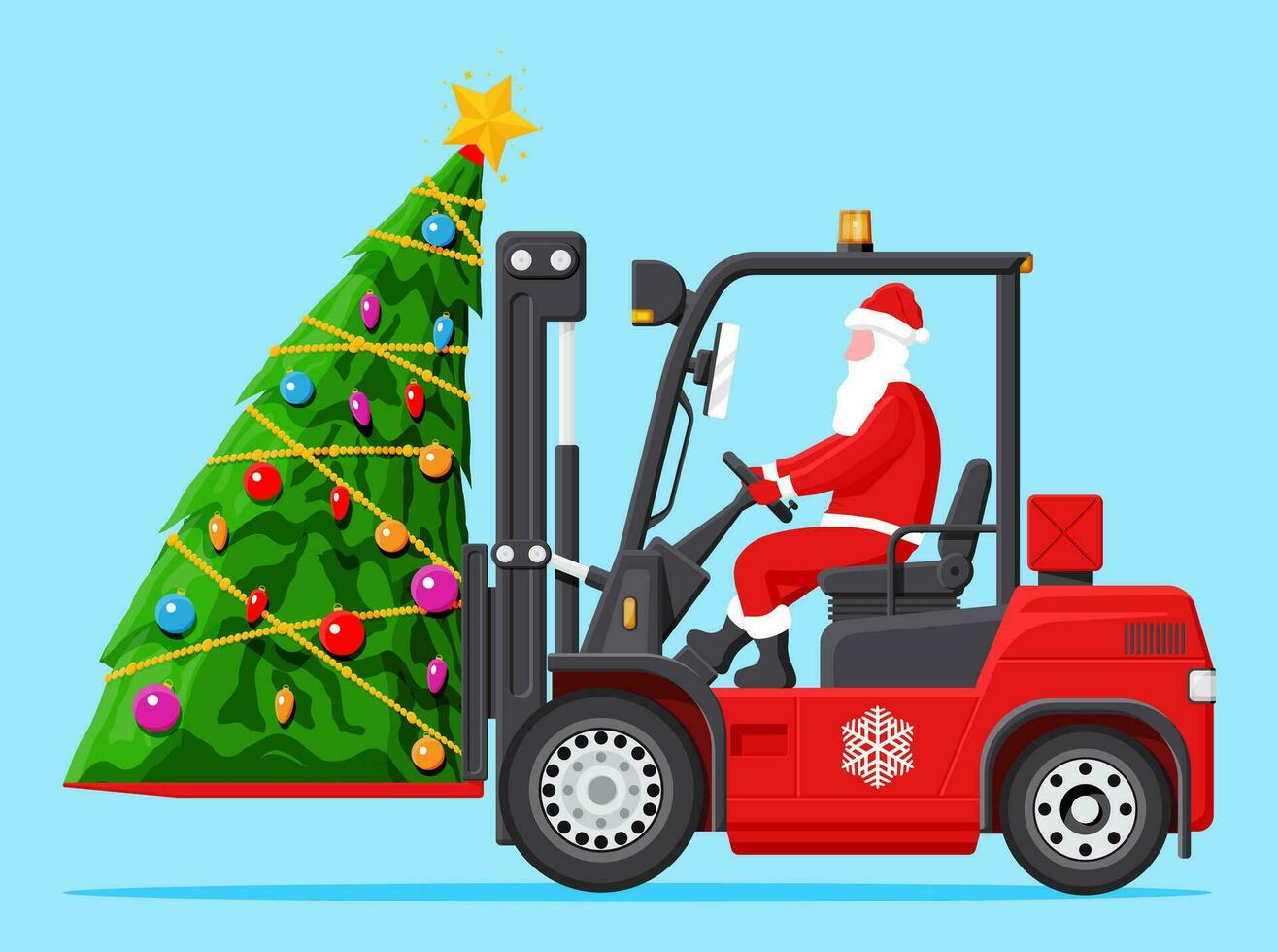 Papa Noel claus en rojo máquina elevadora cargado con Navidad árbol. Navidad regalos entrega y envío. nuevo año decoración. alegre Navidad día festivo. nuevo año y Navidad. plano vector ilustración