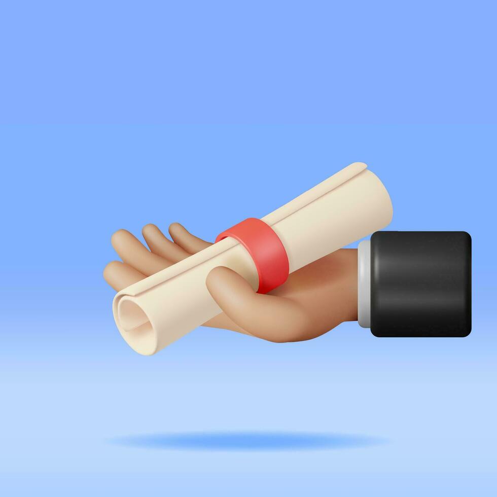 3D Diploma Paper Scroll in Hand. Render University Graduation Document with Ribbon. Certificate or Accreditation. Voucher or Invitation. Business Graduation and Education Concept. Vector Illustration