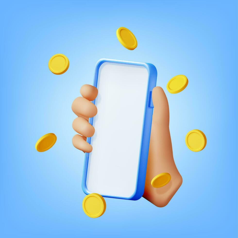 3D Smartphone in Hand and Money in Air Isolated. Render Mobile Phone with Gold Coin. Mobile Online Payment and Transfer. Finance, Investment, Money Saving. Internet Casino. Vector Illustration