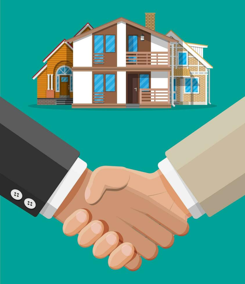 Deal between agent and owner. Agreed to buy and sell house. Handshake and house building. Mortgage, property and investment. Buy sell or rent realty. Real estate. Flat vector illustration