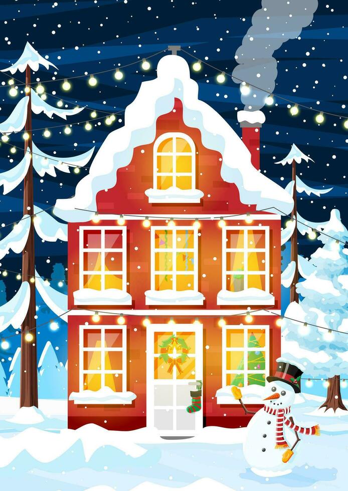Suburban house covered snow. Building in holiday ornament. Christmas landscape tree spruce, snowman. Happy new year decoration. Merry christmas holiday. New year xmas celebration. Vector illustration