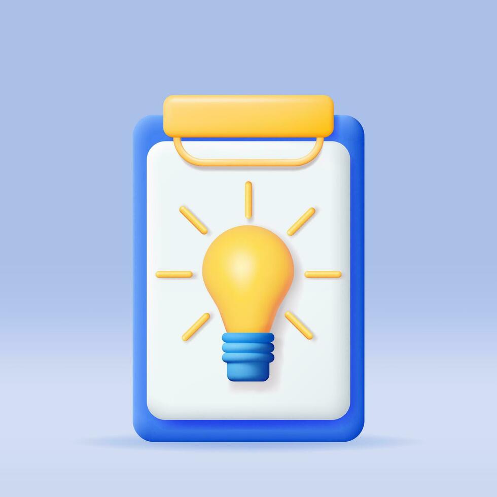 3D Light Bulb in Clipboard Isolated. Render Cartoon Yellow Idea Bulb Icon. Glass Lightbulb Symbol. Creative Idea Inspiration. Brainstorming Development. Business Solution Startup. Vector Illustration