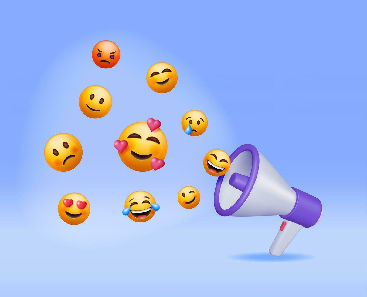 3D Megaphone with Emoticons Isolated. Render Loudspeaker with Round Yellow Faces with Various Emotions and Expression. Social Media Concept. Social Network Announcement Message. Vector Illustration