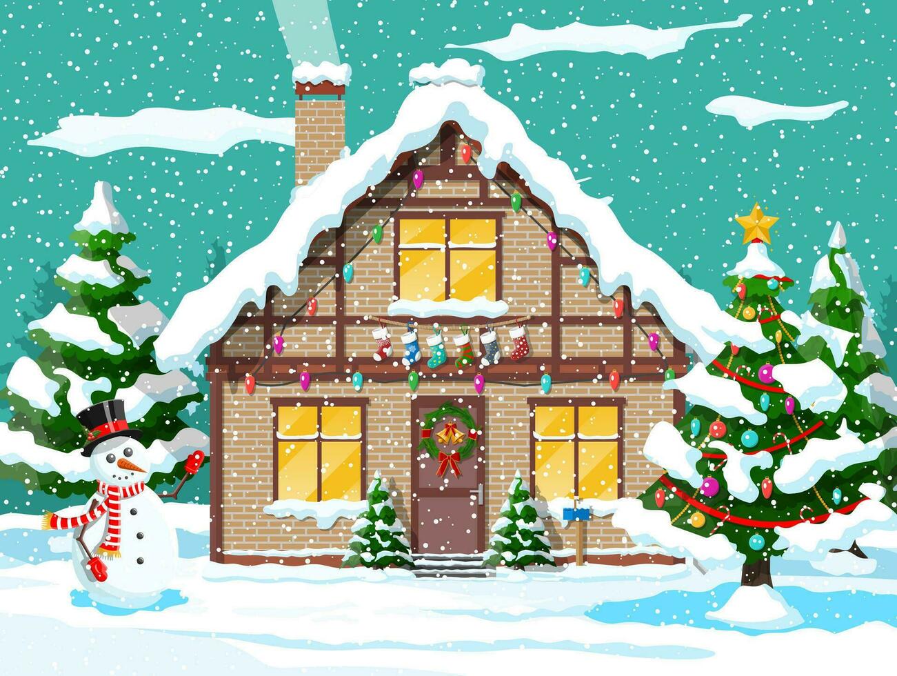 Suburban house covered snow. Building in holiday ornament. Christmas landscape tree spruce, snowman. Happy new year decoration. Merry christmas holiday. New year xmas celebration. Vector illustration