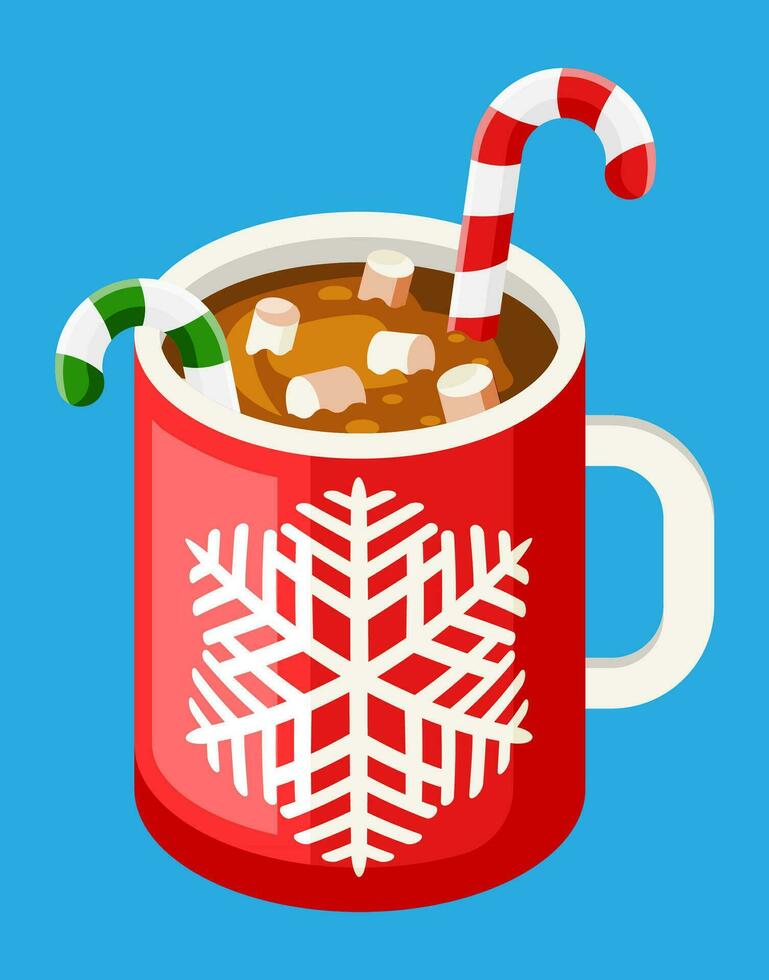 Coffee mug with marshmallows and candy cane. Christmas hot drink with desserts. Hot chocolate, cup of coffee or cocoa. New year, merry christmas holiday xmas celebration. Flat vector illustration