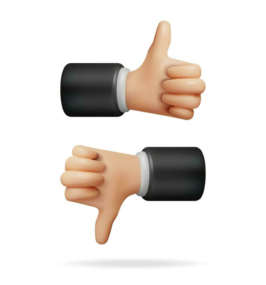 3D Thumbs Up and Thumbs Down Hands Gestures Isolated. Render Like and Dislike Hand Symbols. Customer Rating or Vote Icons. Cartoon Fingers Gestures. Vector Illustration