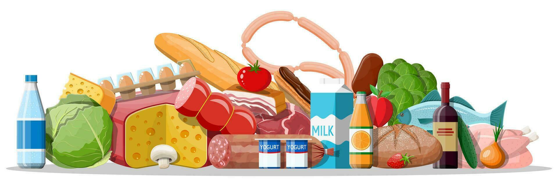 Groceries set. Grocery store collection. Supermarket. Fresh organic food and drinks. Milk, vegetables, meat, chicken cheese, sausages, wine fruits, fish cereal juice. Vector illustration flat style