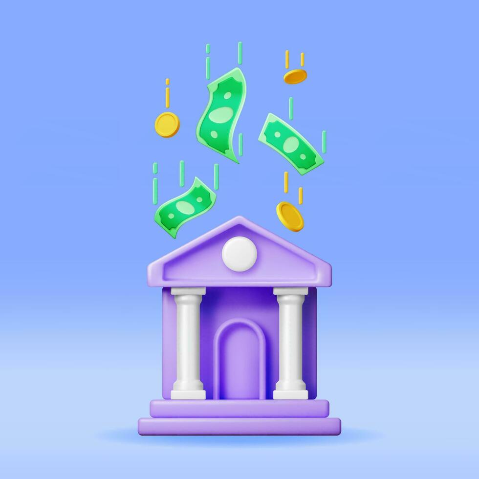 3d banco edificio y efectivo dinero. hacer financiero casa icono. construcción con columnas en antiguo diseño. dinero depositar y retiro, financiero actas Servicio bancario. vector ilustración