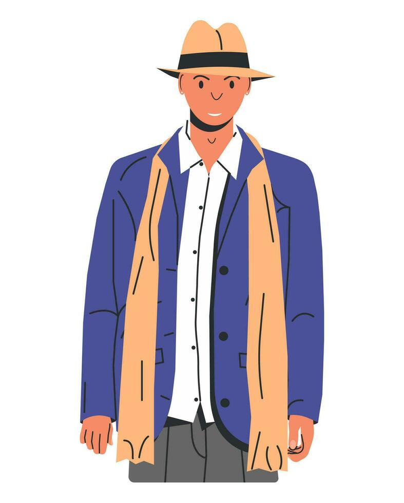 hermoso caucásico hombre en casual ropa. elegante blanco hombre. contento chico aislado. empresario vistiendo chaqueta, camisa, pantalones, bufanda, sombrero. elegante personas concepto. dibujos animados plano vector ilustración