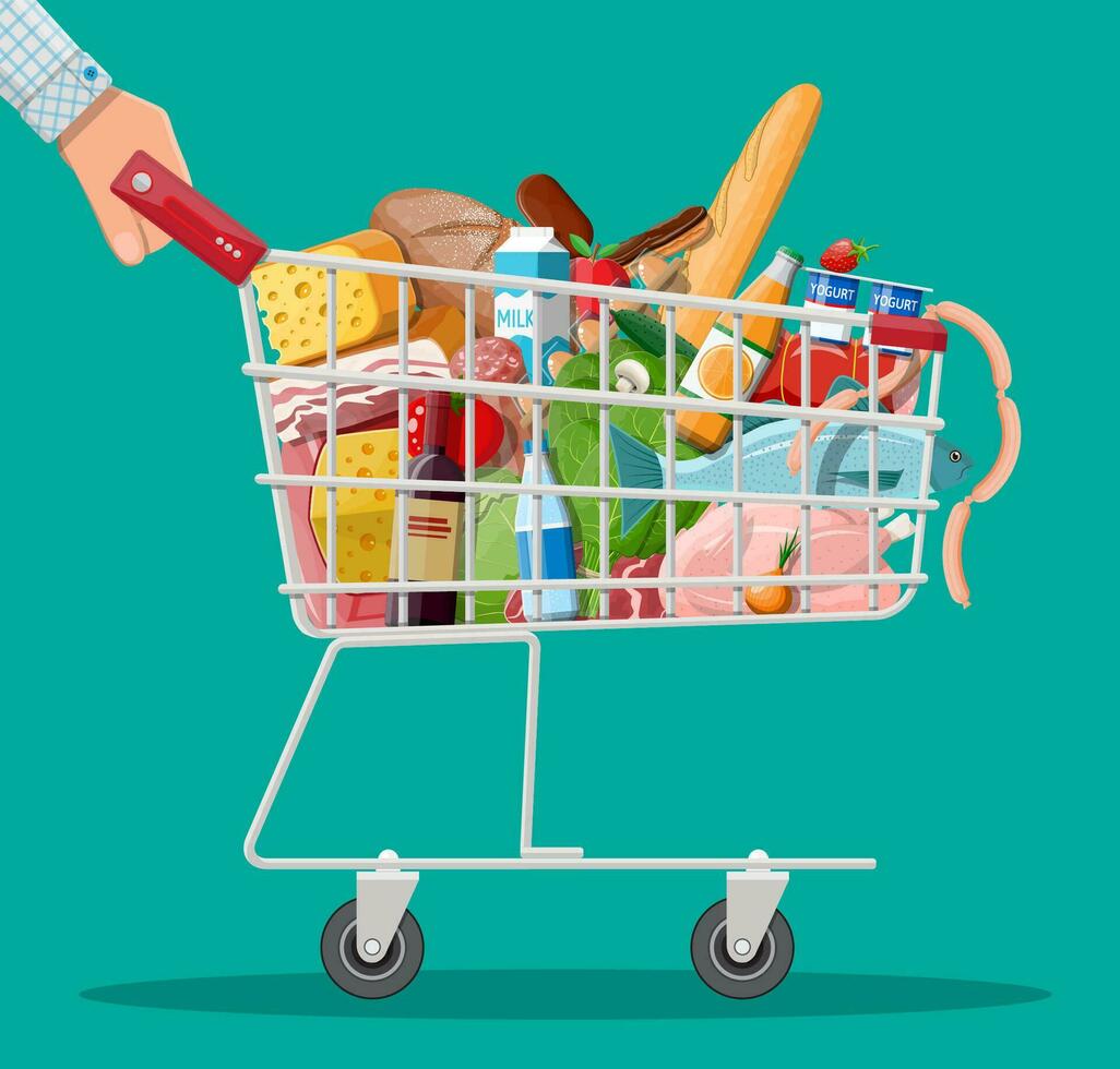 Shopping cart with fresh products. Grocery store supermarket. Food and drinks. Milk, vegetables, meat, chicken cheese, sausages, salad, bread cereal steak egg. Vector illustration flat style