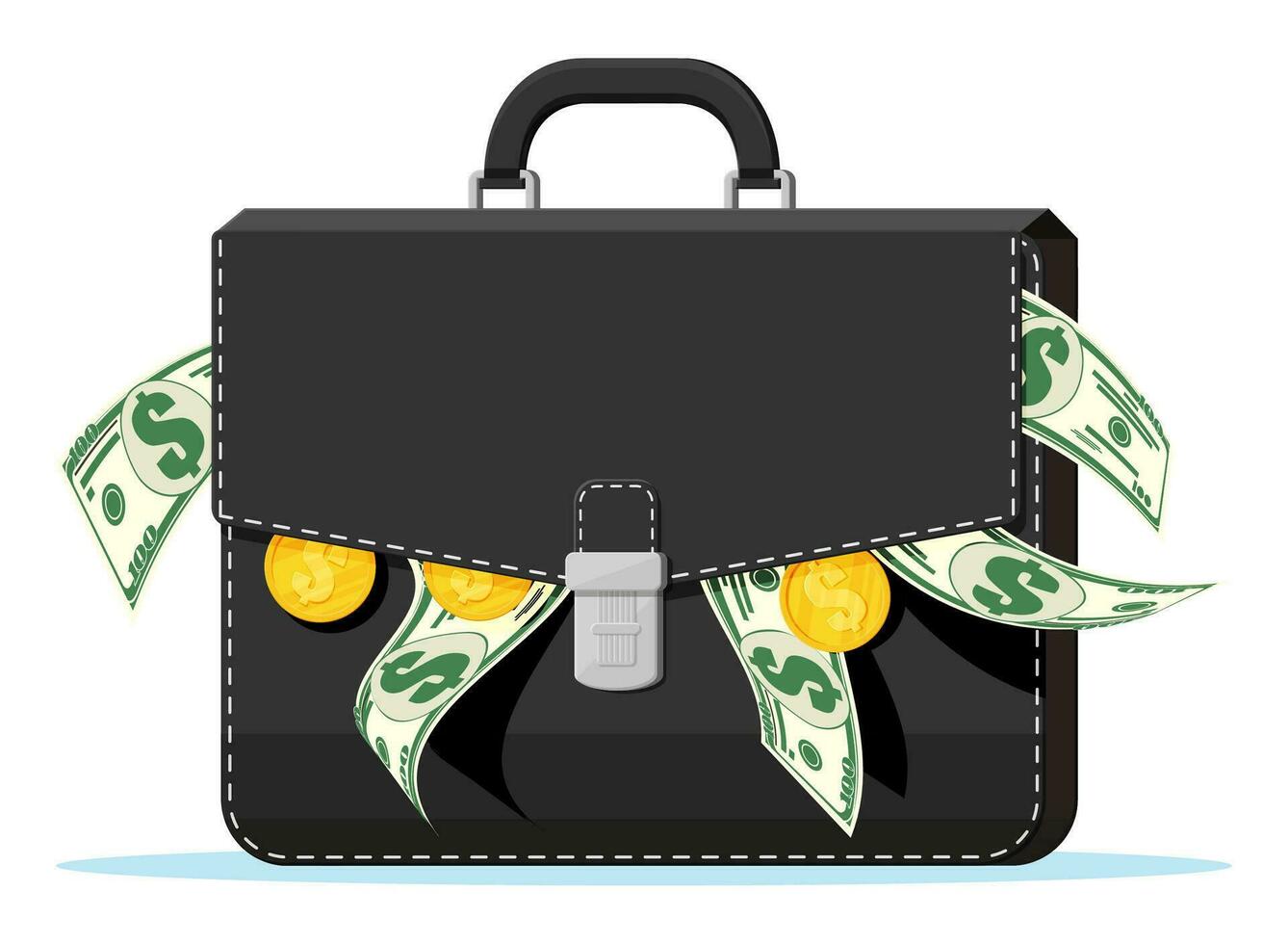 Leather suitcase full of money. Dollar banknotes. golden coins and case. Symbol of wealth. Business success. Stock market investment portfolio. Flat style vector illustration.