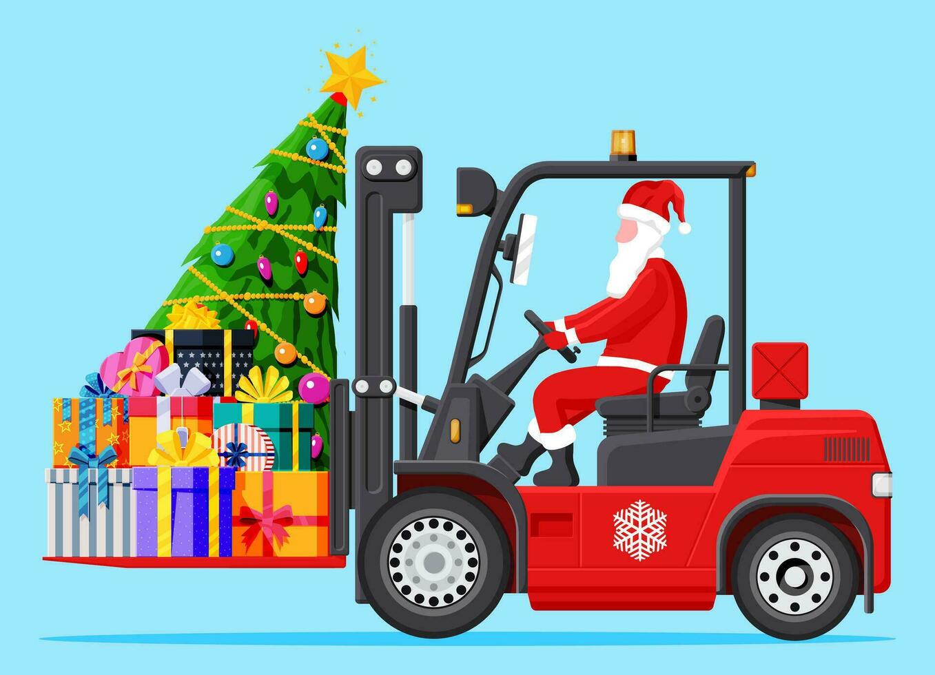 Papa Noel claus en rojo máquina elevadora cargado con pila de regalo cajas y árbol. Navidad regalos entrega y envío. nuevo año decoración. alegre Navidad día festivo. nuevo año y Navidad. plano vector ilustración