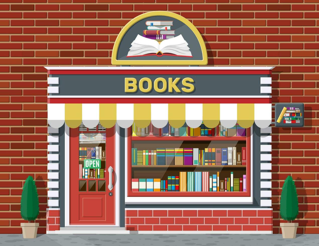 Bookstore shop exterior. Books shop brick building. Education or library market. Books in shop window on shelves. Street shop, mall, market, boutique facade. Vector flat style illustration.