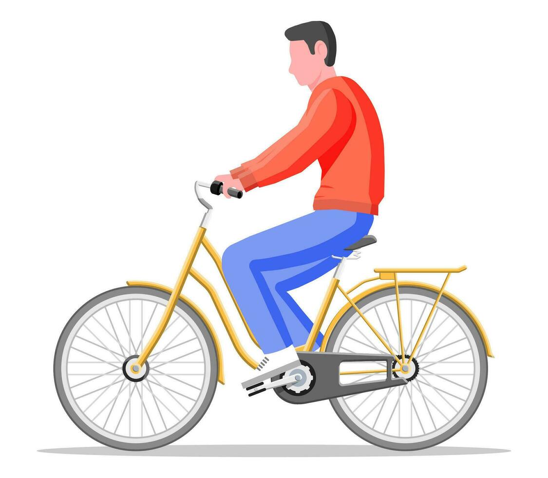 Man on old city bicycle. Guy ride vintage yellow bike isolated on white. Urban transportation vehicle. Vector illustration in flat style