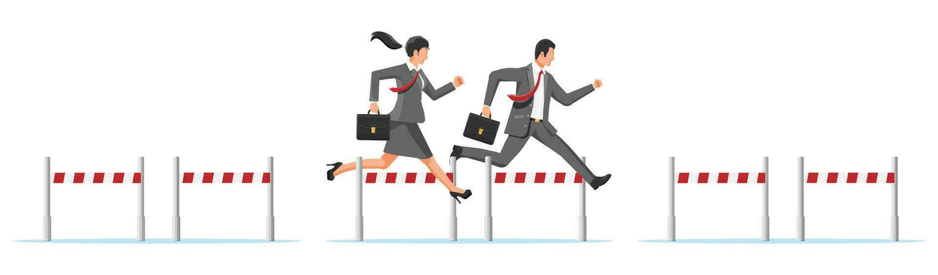 negocio hombre y mujer compitiendo en carrera de obstáculos carrera. mujer de negocios y empresario saltando terminado barrera. financiero crisis. riesgo administración desafío. logro y meta. plano vector ilustración