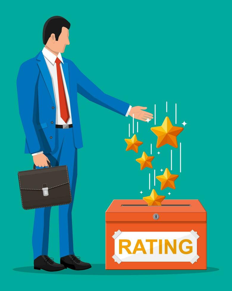 Businessman and rating box. Reviews five stars. Testimonials, rating, feedback, survey, quality and review. Vector illustration in flat style