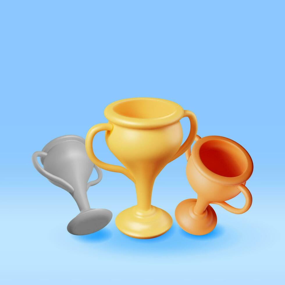 3D Gold, Silver and Bronze Champion Trophy. Render Cup Trophy Icon. Trophy for Competitions. Award, Victory, Goal, Champion Achievement, Prize, Sports Award, Success Concept. Vector Illustration