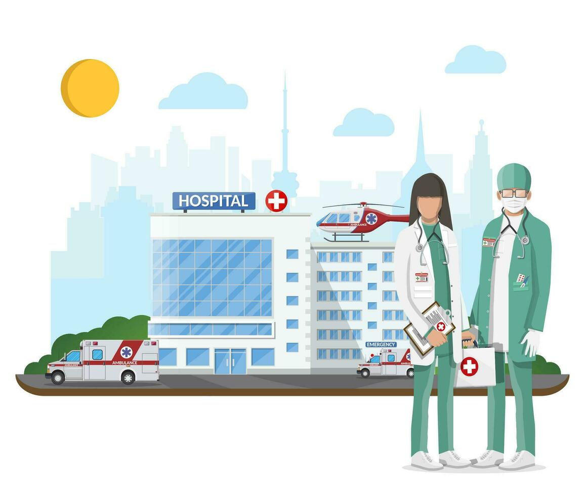 Ambulance staff concept. Hospital building, medical icon. Healthcare, hospital and medical diagnostics. Urgency and emergency services. Road, sky, tree. Car and helicopter. Flat vector illustration