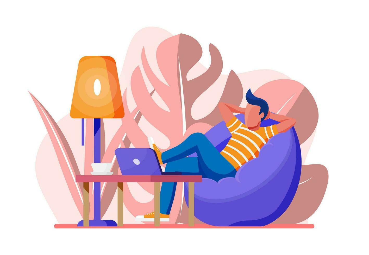 Freelancer with laptop in beanbag chair. Relaxed freelance businessman work at home. Character in casual clothes sitting with computer. Table, lamp, coffee and plant. Flat style vector