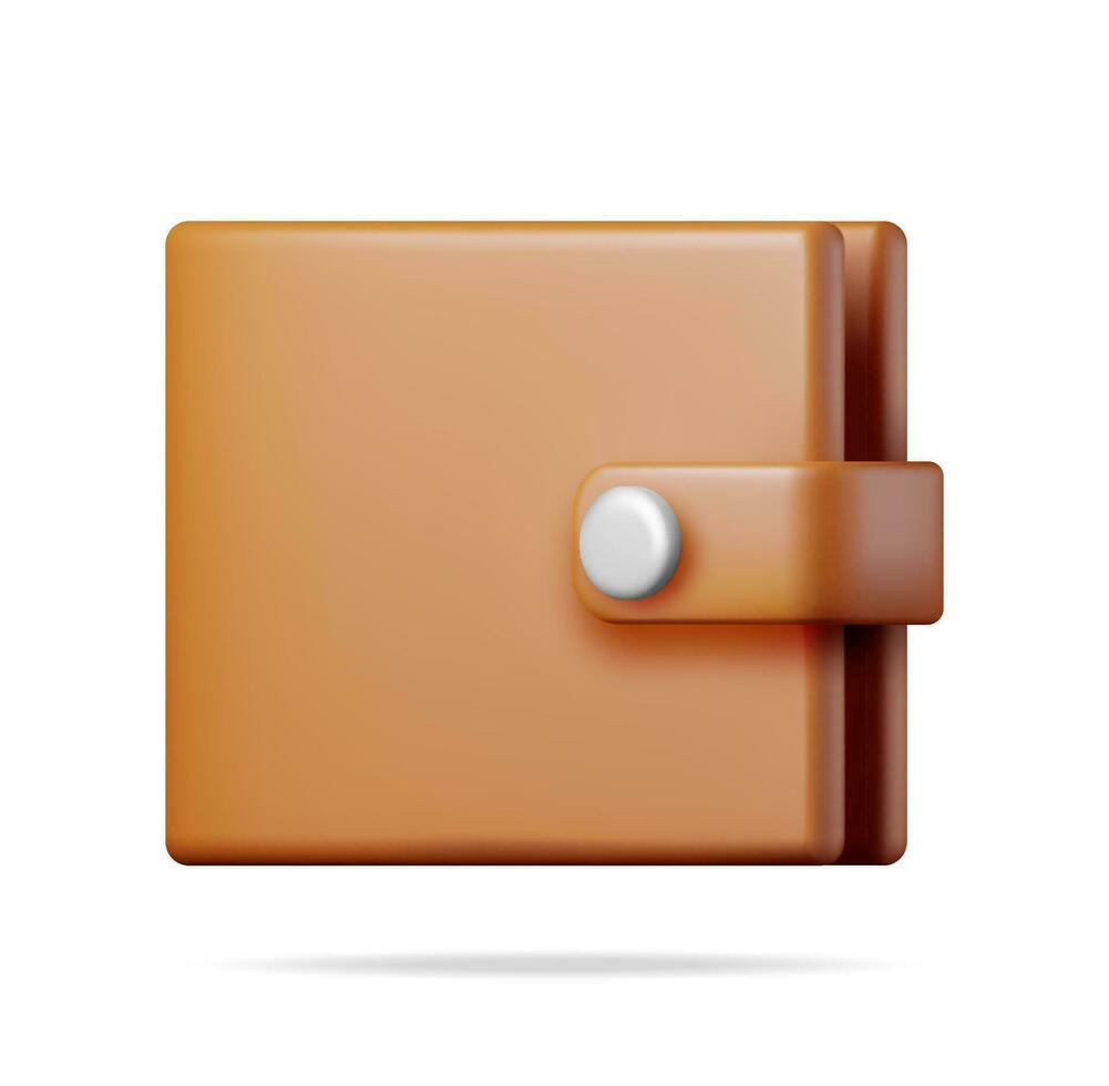 3D Brown Leather Wallet Isolated. Render Purse Icon with Clasp. Modern Finance Accessory for Money Cash and Bank Card. Storing and Carrying Banknotes and Coins. Vector Illustration