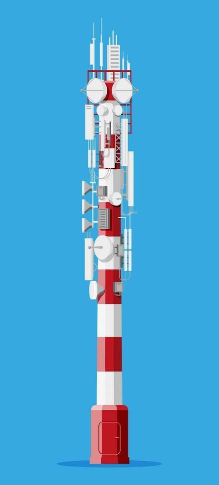 Transmission Cellular Tower Antenna. Network Broadcast Equipment Isolated. Broadcasting, Internet, Television Cell Station. 4G 5G. Satellite Communication Antenna. Flat Vector Illustration