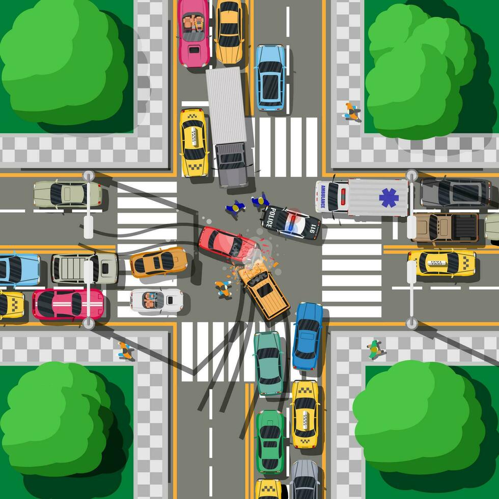 Road Accident Between Two Cars. Broken Wings Bumpers Crashed Windows. City Asphalt Crossroad Marking, Walkways. Roundabout Road Junction. Traffic Regulations. Rules of Road. Flat Vector Illustration