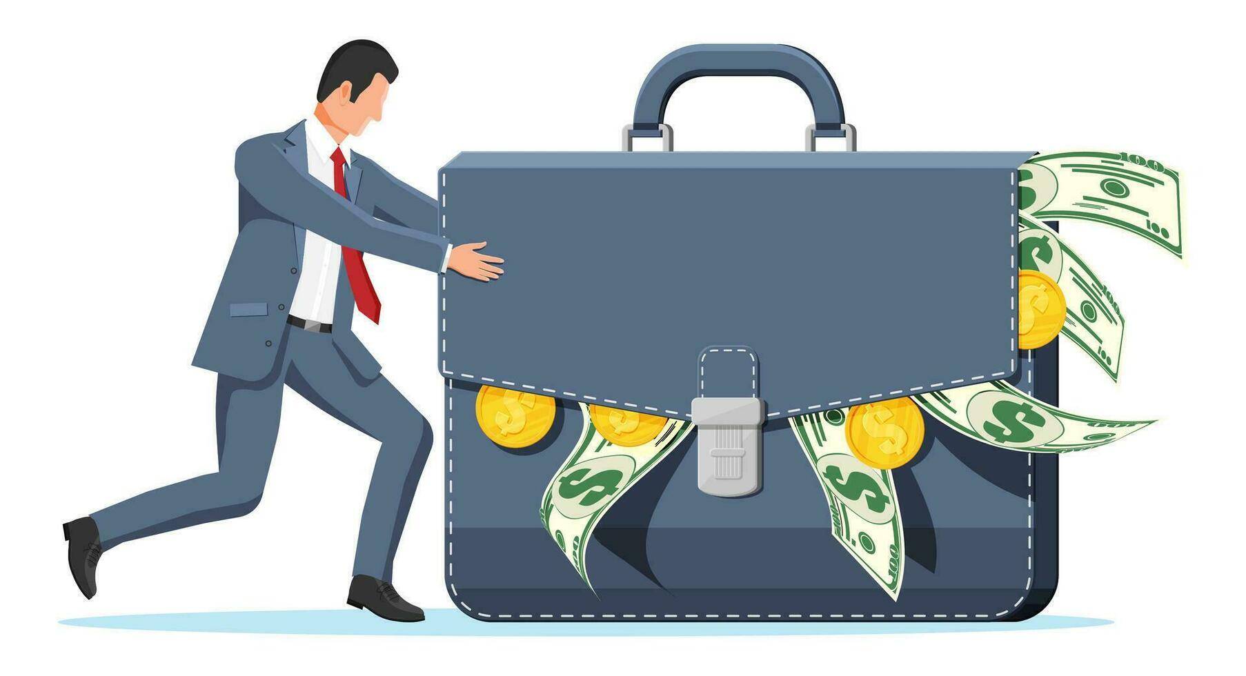 Businessman pushes huge briefcase with money. Business man pushing big suitcase full of cash. Dollar banknotes and gold coins in case. Theft or bribery concept. Vector illustration in flat style.