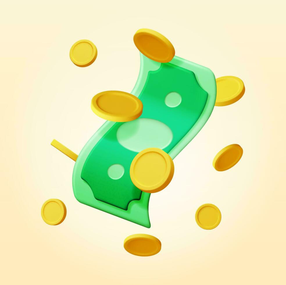 3D Dollar Banknote and Gold Coin Icon Isolated. American Dollar Paper Golden Money Render. Green Money Sign. Growth, Income, Savings, Investment. Symbol of Wealth Business Success. Vector Illustration