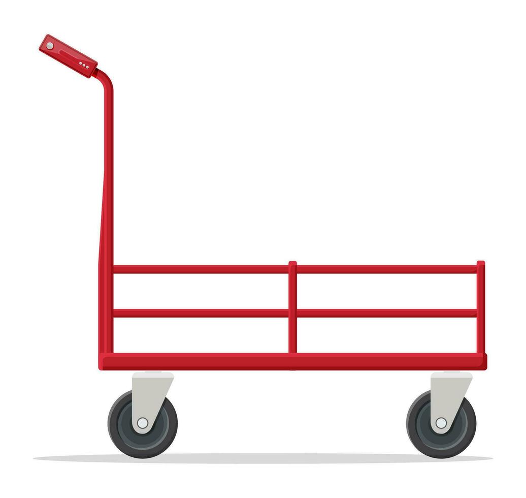 Empty barrow isolated on white. Metallic four wheeled trolley. Hand truck dolly icon. Transportation of goods, warehouse equipment. Cartoon flat vector illustration