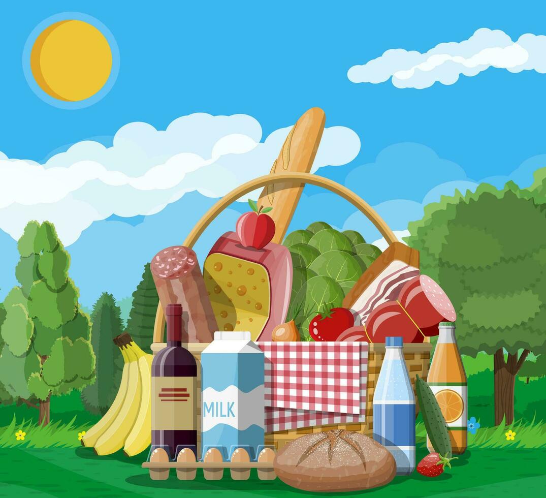 WIcker picnic basket full of products. Wine, sausage, bacon and cheese, apple, tomato, cucumber, salad, orange juice. Grass, flowers, sky with clouds and sun. Vector illustration in flat style