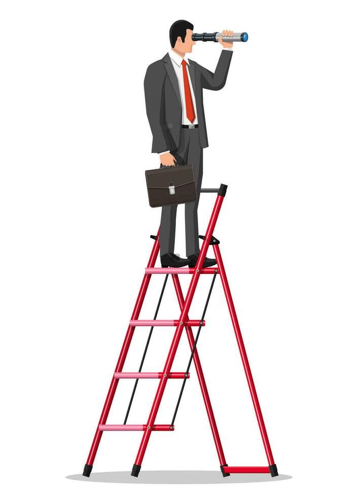 empresario con maletín en escalera mirando para oportunidades en catalejo. negocio hombre con telescopio. búsquedas nuevo perspectivas mirando en futuro. liderazgo o visionario. plano vector ilustración