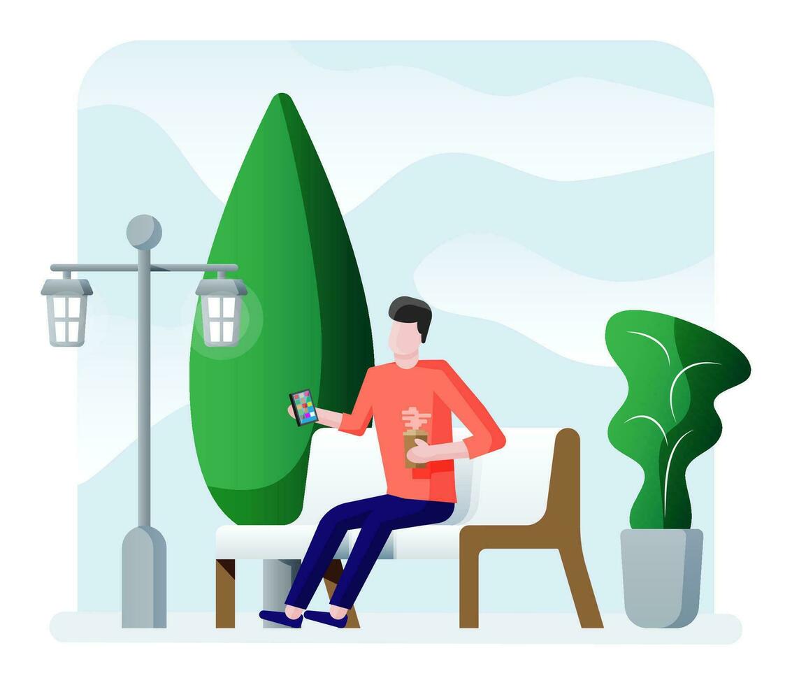 City park concept, man with smartphone at wooden bench, street lamp in square and trees. Sky with clouds. Leisure time in summer city park. Relaxation sitting area in minimalist design. Flat vector