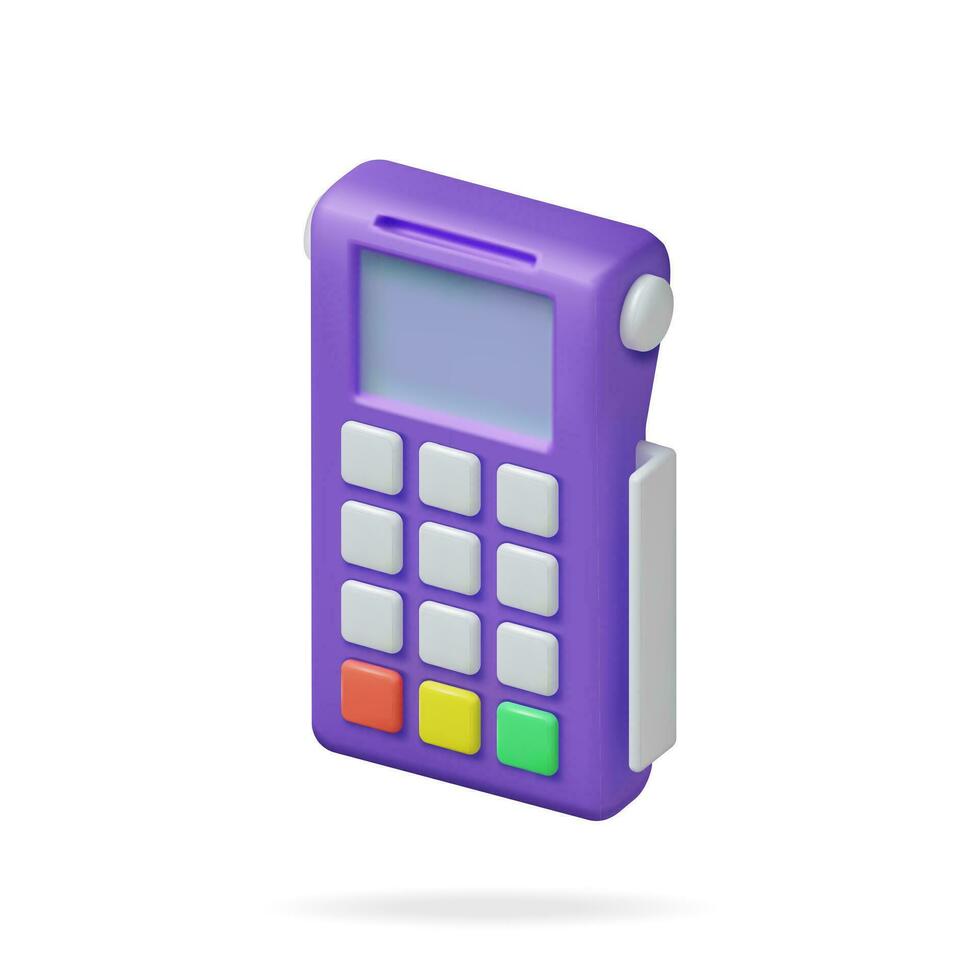 3D Payment Terminal Isolated. Render Modern POS Bank Payment Device. Payment NFC Keypad Machine. Credit Debit Card Reader. Contactless Payment Transaction Vector illustration