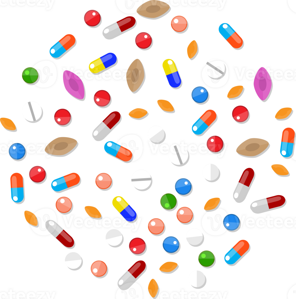Different colorful medical pills capsules tablets png